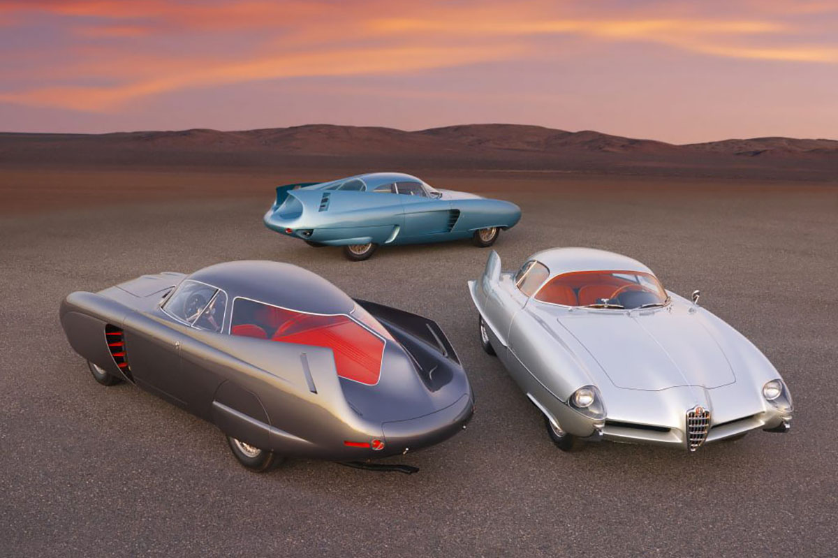 A-group-shot-of-the-Alfa-Romeo-Berlina-Aerodinamica-Tecnica-Concepts_-Ron-Kimball-©-2020-Courtesy-of-RM-Sotheby’s-1024x768-1 15億円オーバーで落札！1950年代に生まれた3台の伝説的なアルファ ロメオ B.A.Tコンセプトカー